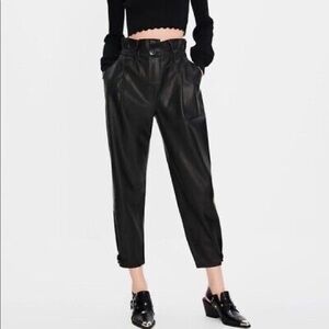ZARA NWOT Faux Leather Black Paperbag Waist Tapered Pants Size US M With Pockets